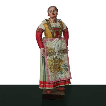 Personaggio presepiale in terracotta e legno con vesti in cotone, raso e passamaneria: popolana , Naples 19° secolo