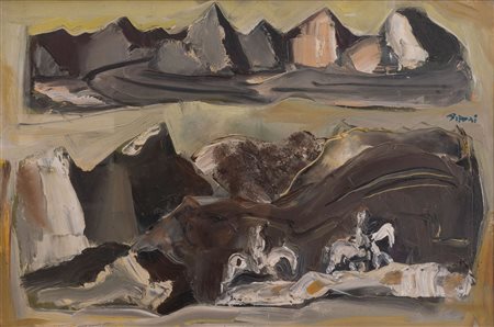 Mario Sironi 1885 Sassari-1961 Milano Paesaggio con montagne e cavalli e...