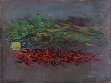 Mario Mafai 1902 Roma-1965 Roma Natura morta con peperoncini, 1956 olio su...