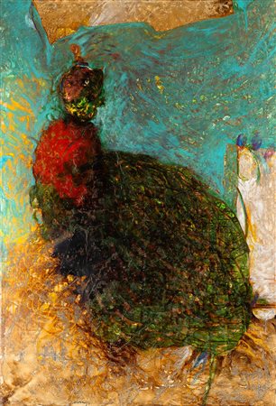 Gianni Dova 1925 Roma-1991 Pisa Pavone regale olio e smalto su tela Largh....