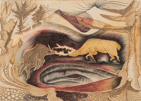 Tasha Tudor (1915 - 2008) Lotta tra cervi 1970 tecnica mista su carta 23 x 33...