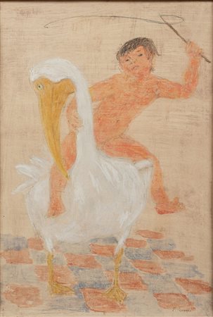 Emanuele Cavalli (1904 - 1981) Fanciullo e pellicano tecnica mista su cartone...
