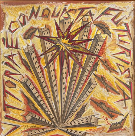 Riccardo Magni (1886 - 1964) Vittoria è conquista futurista olio magro e...