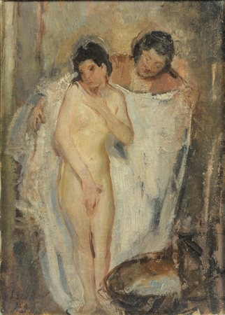 Bruno Saetti (1902 - 1984) Dopo il bagno 1929 olio su tela 35 x 25 cm Opera...