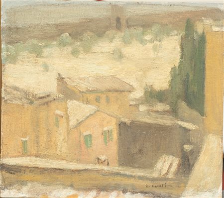 Emanuele Cavalli (1904 - 1981) Paesaggio con case olio su tavoletta 20 x 22,7...