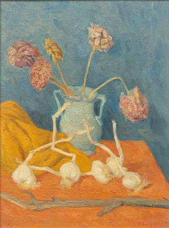 Emanuele Cavalli (1904 - 1981) Natura morta con fiori e aglio olio su...