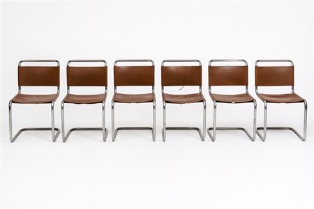 Mart Stam (1899 - 1986) Sei sedie, mod. "S 33" acciaio cromato, cuoio marone...