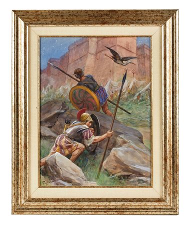 Fabio Fabbi (Bologna, 18/07/1861 - Casalecchio di Reno, 24/09/1945) 
"L'Iliade, Diomede e Ulisse esplorano il campo nemico" 1930
Acquerello su cartoncino Cm 40x30