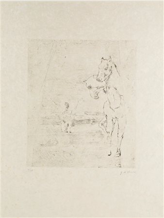 Giorgio De Chirico (Volo, 10/07/1888 - Roma, 20/11/1978) 
“Il ritorno del guerriero” 1972
Incisione a vernice molle su carta japon Cm 65x50