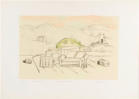 Giorgio De Chirico (Volo, 10/07/1888 - Roma, 20/11/1978) 
“Mobili nella valle” 1971
Incisione a vernice molle su carta Cm 50x70