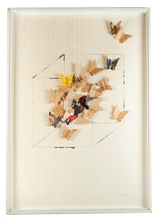 Mario Ceroli (Castel Frentano, 1938 - ) 
"Le farfalle nella scatola" 1968
Collage su base litografica Cm 70x100