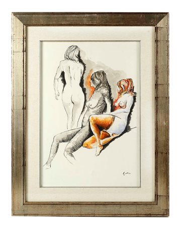 Renato Guttuso (Bagheria, 26/12/1911 - Roma, 18/01/1987) 
"Senza titolo" anni '70
Acquerello e tecnica mista su carta intelata Cm 53x37