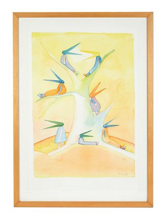 Jean-Michel Folon (Uccle, 1934 - Principato di Monaco, 2005) 
"L'arbre aux oiseaux" 
Acquerello su carta Cm 60x40,5