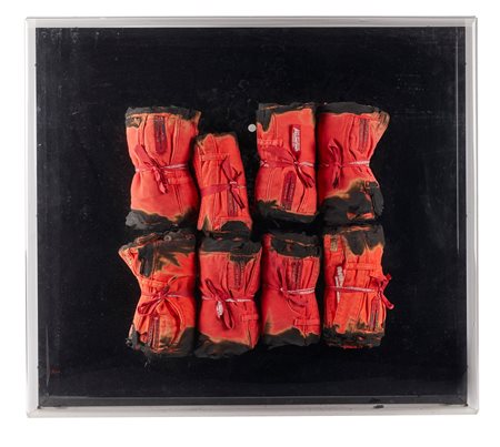 Bernard Aubertin (Fontenay-aux-Roses, 29/97/1934 - Reutlingen, 31/08/2015) 
"Unlimited" 2011
Jeans bruciati su plexiglass  Cm 75x85x12