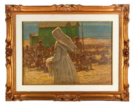 Augusto Majani (Budrio, 30/01/1867 - Budrio, 08/01/1959) 
"Bimbi al mare" 1927
Olio su tela Cm 68x48