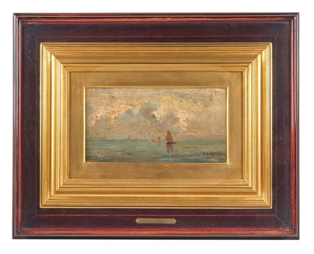 Pietro Fragiacomo (Trieste, 1856 - Venezia, 1922) 
"Marina" 
Olio su tavola Cm 13,5x25,5