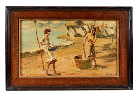 Cosimo Privato (Venezia, 1899 - Venezia, 1971) 
"Giovani lavandaie chioggiotte" 
Olio su tela  Cm 30x50