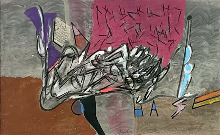 DANGELO SERGIO Milano (Mi) 1932 La chasse 1970 Smalto e tempera su cartone...