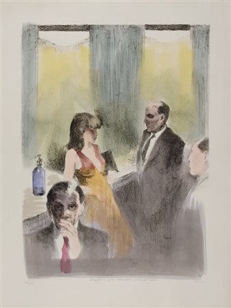 SUGHI ALBERTO Cesena (Fc) 1928 Al bar Litografia su pietra acquarellata a...