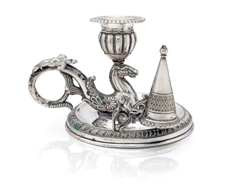 Bugia in argento con spegnimoccolo, Germania, prima metà del XIX secolo cm...