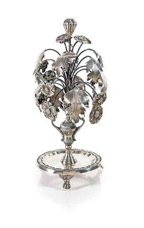Vasetto centrotavola in argento con fiori e foglie curvate altezza cm 21,5 -...