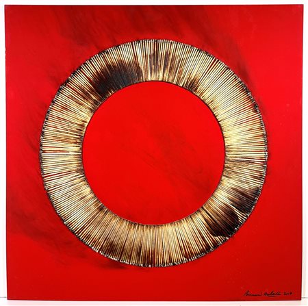 AUBERTIN BERNARD, 70 x 70 cm, ”Dessin De Feu sur table rouge" anno 2007...