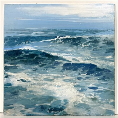 AGOSTINO CANCOGNI, 30 x 30 cm, ”Mareggiata” olio su tavola, titolo firma e...