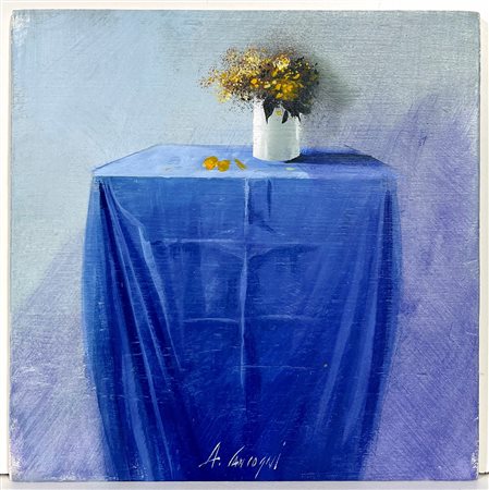 AGOSTINO CANCOGNI, 20 x 20 cm, ”La Tavola Blu" olio su tavola, anno 2018,...