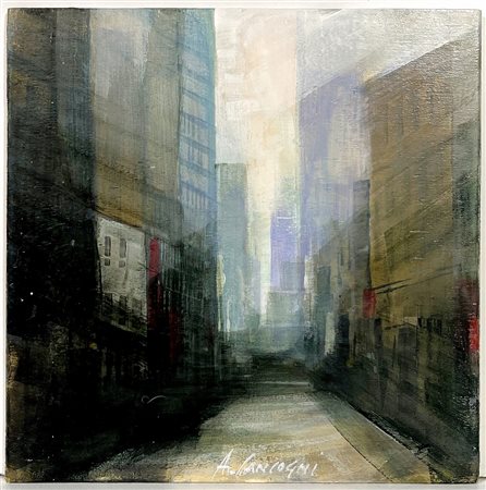 AGOSTINO CANCOGNI, 20 x 20 cm, ”Città” olio su tavola anno 2018, titolo e...