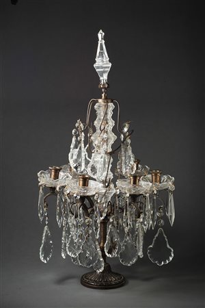 Girandolle a sei luci in bronzo con gocce in vetro (h cm 63 ) (difetti)...