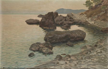 "Scogli ad Alassio con Capomele sullo sfondo" 1909 olio su cartone (cm 31x47)...