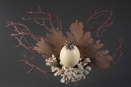 Composizione di conchiglie e rami a finto corallo con al centro uovo di...
