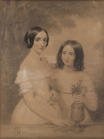 'Fanciulle' pastelli e biacca su carta (cm 63x47) In cornice di noce con...