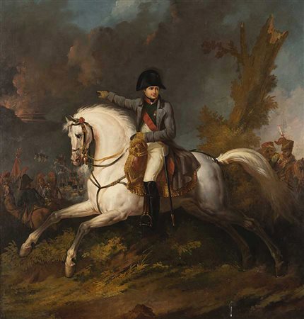 Scuola francese sec. XIX 'Napoleone a cavallo con battaglia sullo sfondo'...