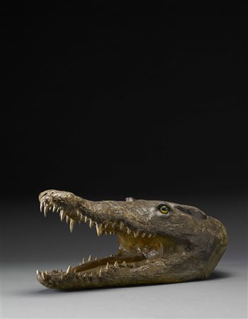 Scultura in legno intagliato e laccato in policromia raffigurante una testa...