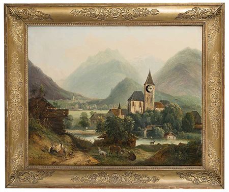 Scuola svizzera del secolo XIX dipinto ad olio su tela raffigurante un...