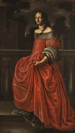 Maestro genovese sec XVII "Ritratto di nobildonna in un parco con abito rosso...