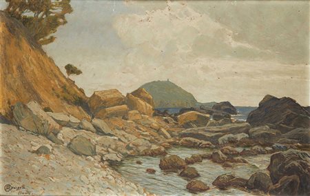 "La Gallinara vista da Alassio" olio su cartone (cm 32x47) Firmato e iscritto...