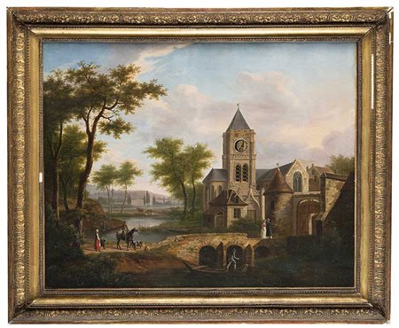 Scuola francese del sec. XIX 'Paesaggio fluviale con figure e campanile con...