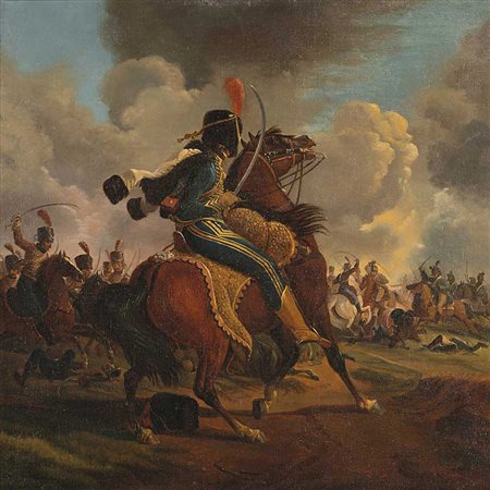 Scuola del sec. XIX 'Battaglia di cavalleria' olio su tela (cm 73x73) in...
