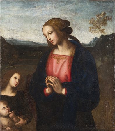 Scuola del sec XVII "Madonna con Bambino e San Giovannino" olio su tela...