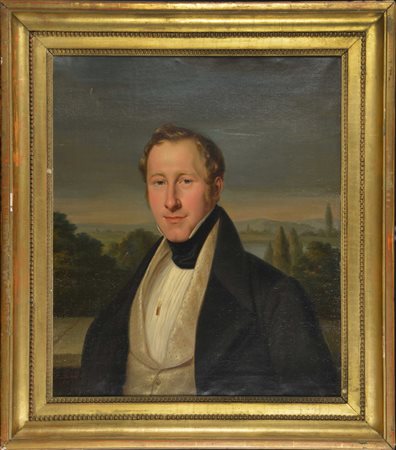 "Ritratto di gentiluomo in un paesaggio" olio su tela (cm 40x50) firmato e...