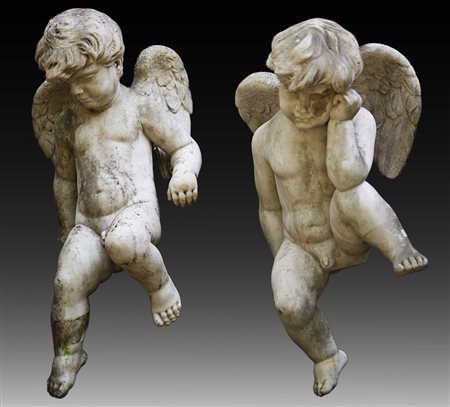 Arte del secolo XIX "Amorini" coppia di sculture in marmo bianco(cm.70x45)...