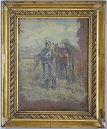 Anonimo "La sosta" bozzetto olio su tavoletta (cm 27.5x21.3) In cornice...