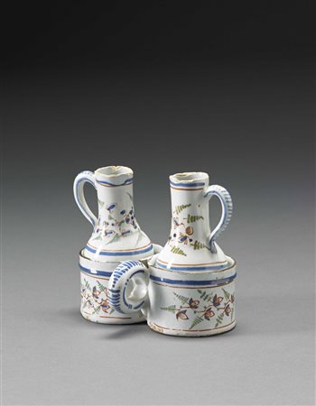 Oliera da tavola in maiolica completa di ampolle con decoro policromo a...