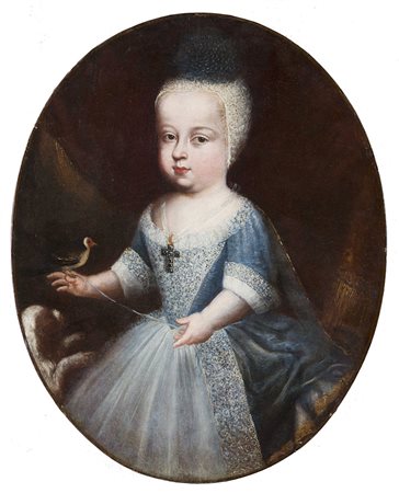 Maestro piemontese del secolo XVIII "Bimba con volatile e cagnolino" olio su...