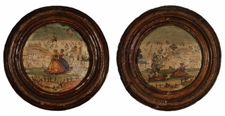 Coppia di composizioni in arte povera su tavola tonda (diam. cm. 26)...