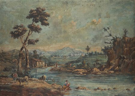 Scuola della fine del sec. XVIII"Paesaggio marino con figure" tempera grassa...