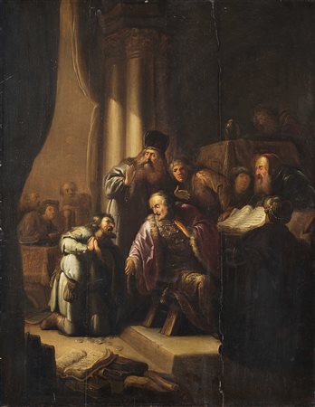 Scuola fiamminga,inizio sec. XIX "Giuda riporta i trenta denari ai sommi...