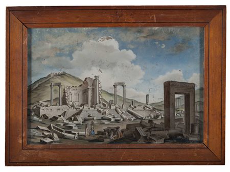 Scuola del sec. XVIII "Rovine classiche" verre-peint (cm 24x36) in cornice...